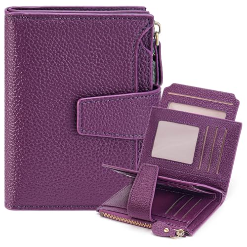Image of GOIACII Leather Women's Wallet RFID Blocking Credit Card Holder Purple | Compact, Small, Trifold Billfold with Zipper Coin Pocket, 4 ID Windows