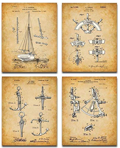 Original Sailing Patent Art Prints - Classic Nautical and Sailboat Decor, Sailing Decoration, Vintage Gift for Marine Sailors and Boat Owners, Set of Four Photos (8x10) Unframed Art Print Poster