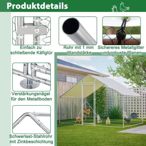Gallinero de 3 x 2 x 2 m de acero galvanizado, con estructura de escalada y escalera, techo de polietileno impermeable y cerradura de seguridad, pajarera para pollos, conejos, conejos, patos