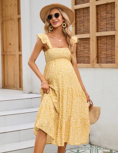 Image of KOJOOIN Womens Maternity Dress Summer Sleeveless Smocked Square Neck Ruffle Casual Boho Midi Dress Baby Shower Photoshoot
