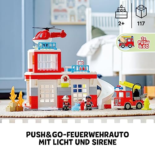 Image of LEGO Duplo Rescue Fire Station & Helicopter 10970 Building Toy; Playset With Fire Truck And Helicopter; For Ages 2+ (117 Pieces), Multicolor