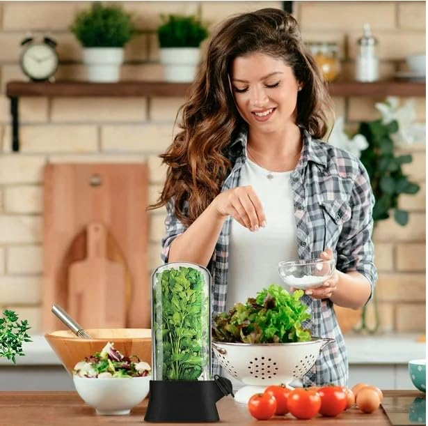 Image of Fresh Herb Storage Container with Herb Peeler, Clear Glass Keeper for Parsley, Asparagus and Herbs,Herb & Vegetable Storage Container for Fridge, Black Base