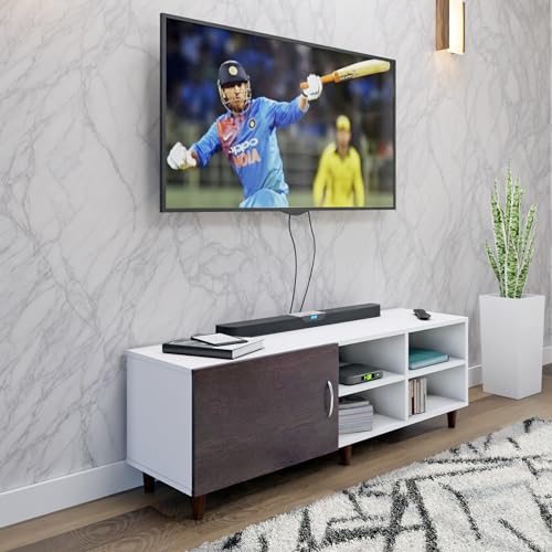 Image of VIKI Modern TV Unit for Living Room | Engineered Wood TV Cabinet with 1 Door Storage & 2 Open Shelves, Entertainment Unit, 140W x 48H x 40D cm | DIY | 1 Year Warranty (White & Wenge)