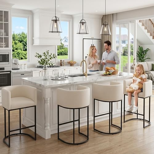 Image of HNY Cream Modern Barrel Counter Height Clearance Bar Stools Set of 4, 32 Inch Linen Kitchen Barstools with Back for Island, with Black Metal Tubular Frame