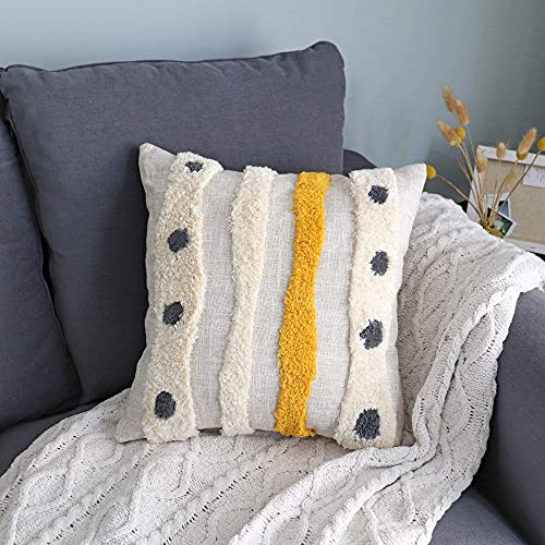 VANNCIO Boho Tufted Throw Pillow Cover with Handwoven Stripes, Linen Cotton Simple Decorative Cushion Case for Couch Sofa, 18x18 inches, 1 PC(Mustard Yellow)