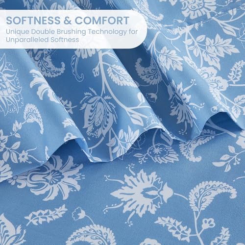 Image of Mooreeke Cozy Vintage Microfiber Printed Twin Sheet Set - Soft & Breathable Blue Paisley Bed Sheets with Extra Deep Pocket - Non-Slip Fitted Design - Blue Flower Pattern - Twin