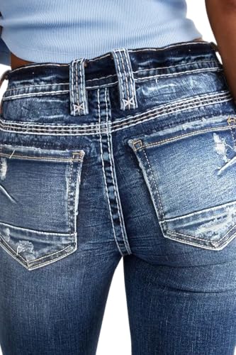 Women Mid Waisted Bootcut Jeans Zip Stretchy Slim Casual Double Button Flare Denim Pants with Distressed Pocket3