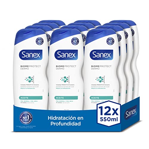 Sanex Biomeprotect Dermo Aceite, Gel de Ducha o Baño, Piel Normal y Seca, con Prebiótico, Combate las Bacterias, Pack 12 Uds x 550ml Cover