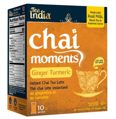 Tea India Chai Moments Ginger Turmeric Chai Tea Instant Latte Mix Flavorful Blend Of Premium Black Tea, Cardamom & Natural Ingredients Traditional Indian Tea Individually wrapped 10 Sachets