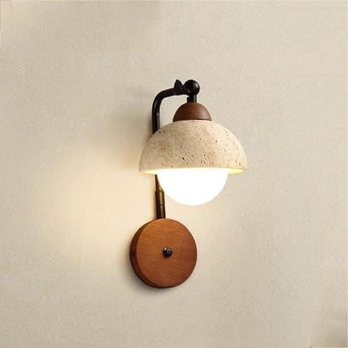 Yellow Travertine Wall Mounted Lamp Vintage Farmhouse Wood Wall Light Fixture Modern Natural Stone Wall Sconce with Switch and Adjustable Rotation