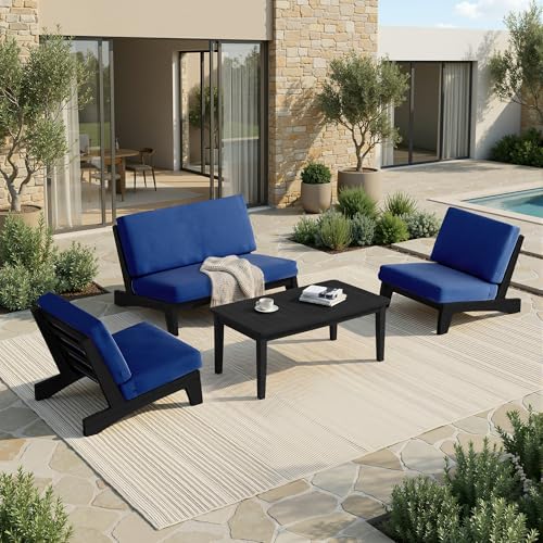 Image of Pia Ricoo 4 Piece Patio Furniture Sets, Outdoor Furniture with 2 Chairs & Coffee Table, Patio Conversation Set for Backyard, Deck, Lawn, Navy, Dark Wood