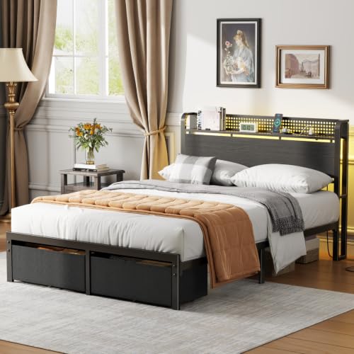 Image of Furnulem Full Size Bed Frame with Headboard, Platform Bed Frame with Charging Station, 2 Storage Drawers & LED Lights, No Box Spring Needed, Noise Free, Easy Assembly, Silver Gray (800 lbs Capacity)