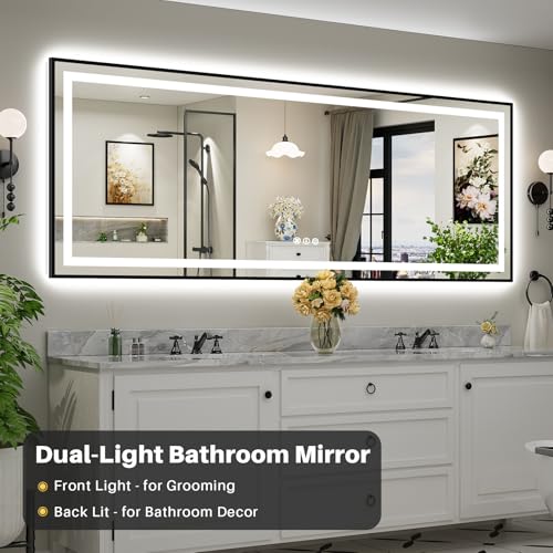 Image of 96x36 Inch LED Bathroom Mirror with Black Frame, Backlit & Front Lit, Anti-Fog Lighted Bathroom Vanity Mirror for Wall, Memory Function, Dimmable, HD Tempered Glass, Shatter-Proof