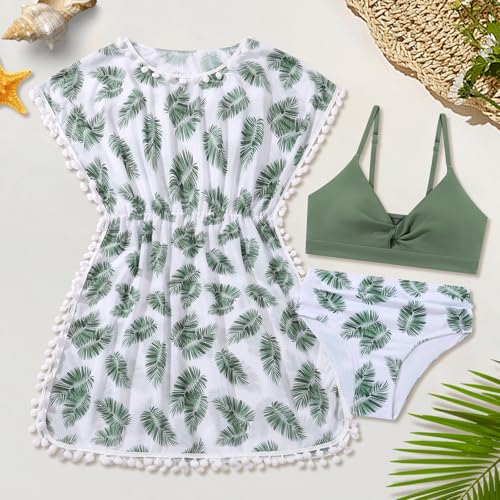 Girls Swimsuit 3 Piece Bikini Set Cute Bathing Suit with Tropical Print Cover Up Girl Swimwear for 8-16 Years2