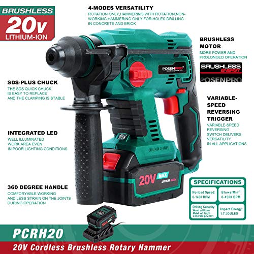 Brushless Cordless Rotary Hammer,POSENPRO 20V SDS Plus Rotary Hammer Drill,4 Modes Selector,Variable Speed,Adjustable Handle,4.0Ah Li-ion Battery and Fast Charger Included Green