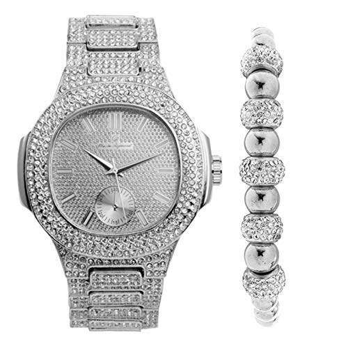 Bling-ed Out Oblong Case Metal Mens Silver Watch w/Matching Bling-ed Out Silver Shamballa Jewelry Bracelet Set - 8475SSham