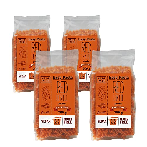 Mill & Folks Fusilli de Lentejas Rojas de Pasta Fácil 4x200g | Vegano y sin gluten