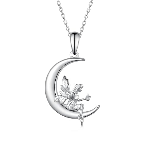 CVRAVO Highland Cow/Unicorn/Turtle/Moon Fairy/Axolotl/Owl/Mermaid/Cat/Cat and Girl/Frog/Wolf Necklace 925 Sterling Silver Animal Necklace Animal Jewelry Gifts for Women - Moon Fairy
