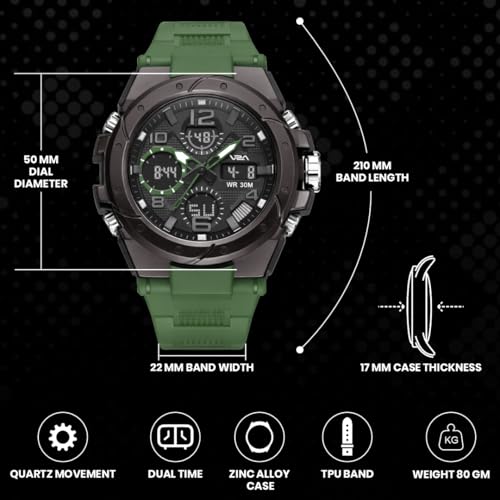 Image of V2A Styrke 5110 Analog Digital Watch for Men | Hybrid Multi Display Dial | Alarm Stopwatch Day Date 12 /24 Hr | TPU Strap | 30M Water Resistant