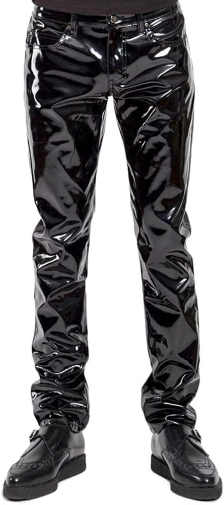 OLLOLCCY Men's Tight Trousers Jeans Style in PVC Black Classic Fly Front,Black,L