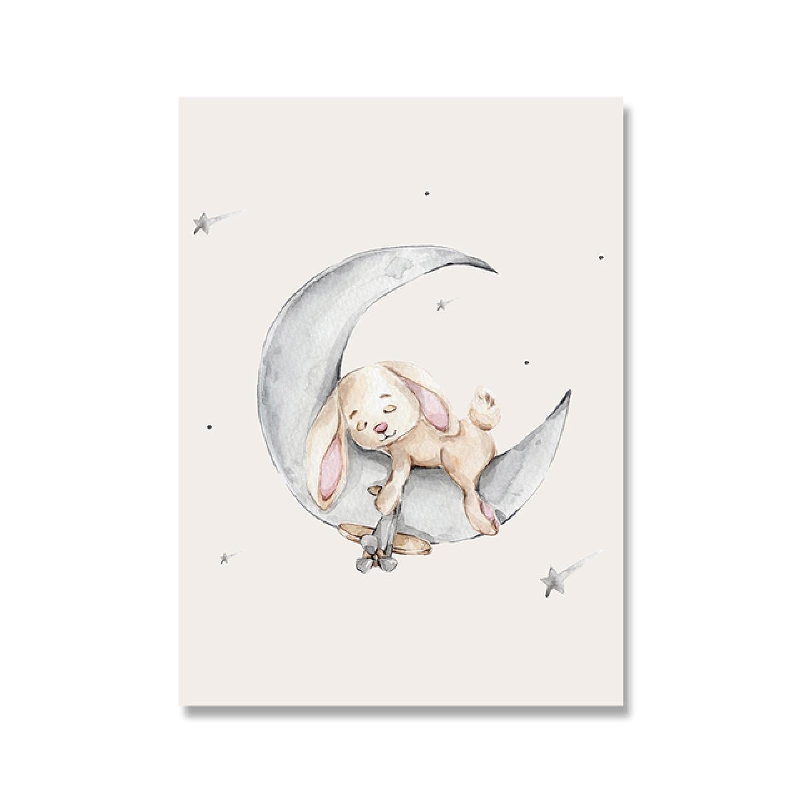 dsdsgog Conejo Luna Osito Bebé Niña Vivero Arte de la pared Póster Impresión de animales Pintura de la lona Cuadros de pared nórdicos para la decoración de la habitación 60x90cmx2 Sin marco