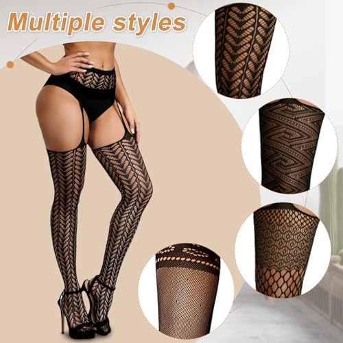 Image of Chalier Fishnet Stockings Lace Tights Thigh High Stockings for Women | Soft Elastic Blend, High Waisted, Suspender Pantyhose, Snug Body Hug, Classic Pattern, Skirt Shorts Match, Party Night Wear