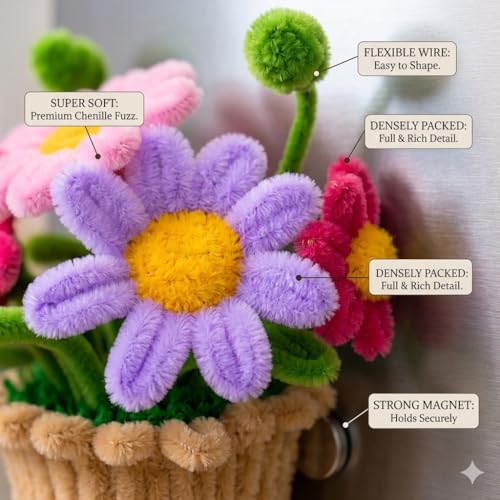 Image of XANTHIC 1Pcs Handmade Flower Pot Fridge Magnet | Colorful Chenille Flower Refrigerator Magnet | Cute Kitchen Decor Accessory | Decorative Floral Home & Office Decoration Gift