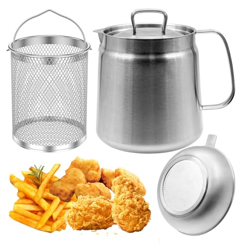 2L Strainer Pot Fryer, 304 Stainless Steel Oil Filter Pot with Strainer & Deep Fryer Basket for Kitchen, Multi-function Frying Net Tank Grease Container