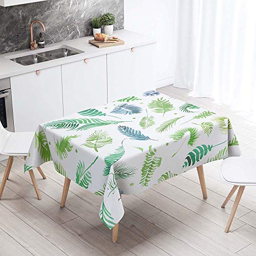 Mantel para Mesa Impermeable Antimanchas, Chickwin Cocina Comedor Rectangular Resistente al Desgaste Lavable Mantel de Poliéster Planta Tropical Impresión 3D (Hoja azul,140x180cm)