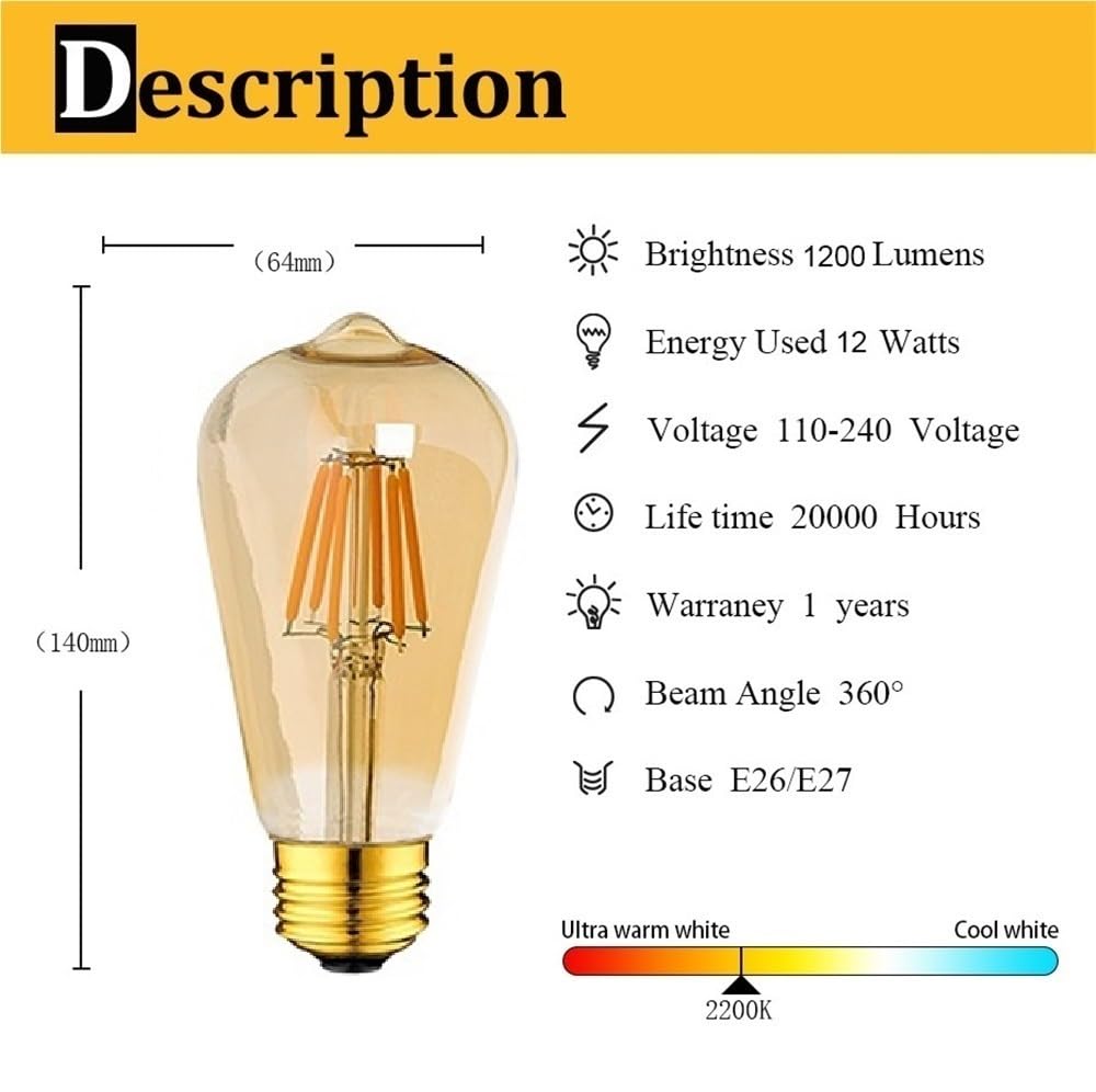 YSJX lighting, Paquete de 10 bombillas de filamento LED AC220V E27 ST64 4W/6W bombilla LED Edison lámparas de iluminación decorativas con forma de vidrio dorado ámbar Bombillas para el hogar(ST64G 4W)