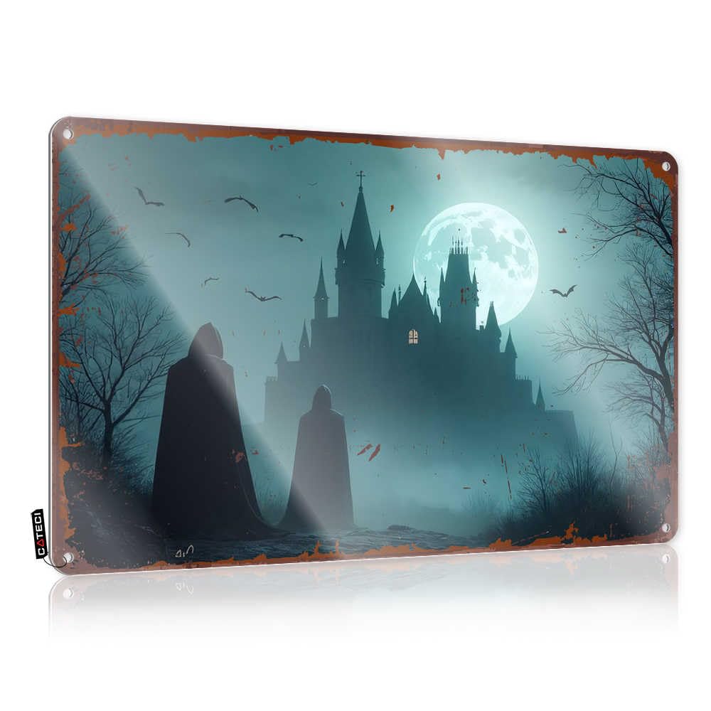 Fzfn Colour Retro Wall Decor Accessory Awesome Halloween Night: Two Figures In Cloaks Before A Haunted Castle For Ranch - Kitchen Accessories Decor Customizable(30X40cm)