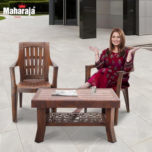 Image of MAHARAJA Classic Plastic Table & Chair Set | Elegant Design, Sturdy Build | Perfect for Home, Office & Garden Use (Teakwood, 4 Chair+1 Table)
