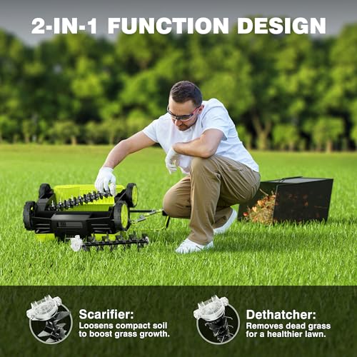 16-Inch Electric Dethatcher and Scarifier, YERYORK 2-in-1 Scarifier and Lawn Dethatcher with Powerful 15.5 AMP Motor 14.5Gal Collection Bag 5-Position Depth Foldable Handle for Lawns(Dark Green) - Image 6