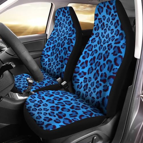 Image of Blue Cheetah Print Car Front Seat Cover Sets 2 Pack, Thin Car Universal Accessories Interior Decor for Men