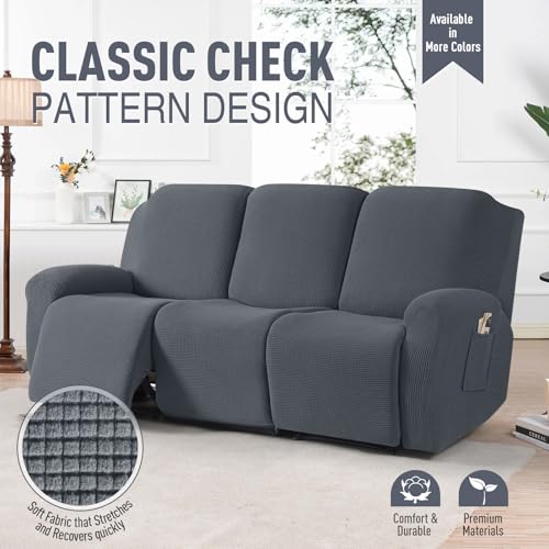 Image of TAOCOCO Recliner Sofa Covers 8-Pieces Stretch Large Couch Covers for 3 Seats Reclining Slipcovers Soft Jacquard Pattern Furniture Protector (Grey)