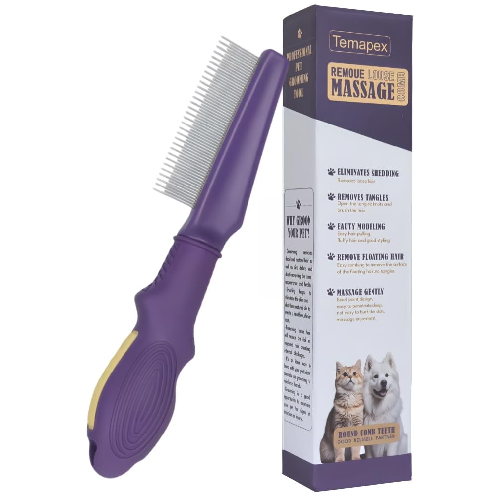 Haustierkamm für Hunde und Katzen, mit langen und kurzen Edelstahl-Metallzähnen für Haarausfall und Verfilzungen, rutschfester und antistatischer Gummigriff, sicherer und sanfter Fellpflegekamm