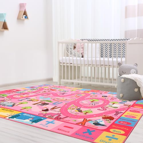 Terrug Kids Rug for Playroom, Educational Classroom Rug for Kids Room, Washable Nursery Rugs Non Slip Playroom Rugs Play Mat for Learning ABC Carpet, Numbers, Animal, Colors, Season, 4X6 Feet, Pink - Image 6
