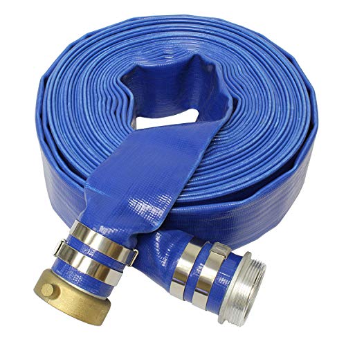 Bob's Industrial Supply BISupply Lay Flat Hose 2in In x 50ft Flat Discharge Hose & Aluminum Pin Lugs – PVC Pool Hose Heavy Duty Backwash Hose