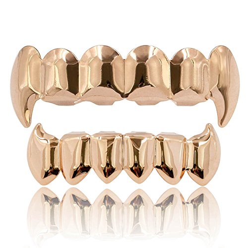 JINAO Face 18K Gold Silver Plated Hip Hop Vampire Fangs Top Bottom Teeth Grillz Set for Men and Women (Rose Grillz)