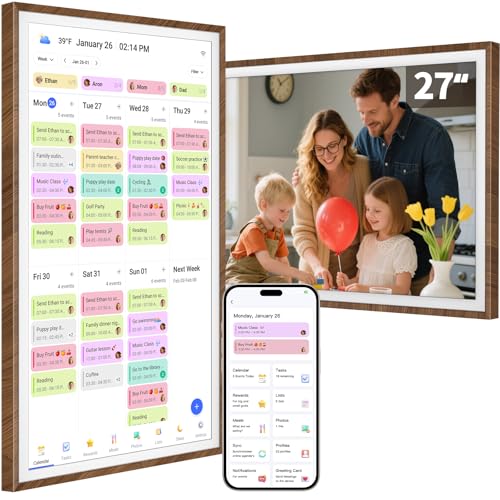 Image of 27 Inch Digital Calendar Chore Chart with Touchscreen - Full HD Interactive Display, Wall & Desk Mountable Family Planner, to-Do List & Meal Planner, Digital Picture Frame Gifts for Women Mom