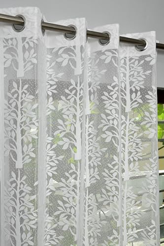 DECOMIZER 7Ft Grommet Curtains Door Curtain Set of 1 Pc|Tissue Net Floral Semi SheerParda for Home Living/Drawing and Bedroom, 4X7 Feet, White Net Curtain, Pack of 1 Pcs,Tree White
