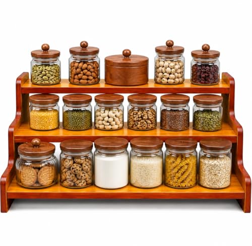 Image of Wooden 3 Tier Kitchen Organizer Rack for Countertop | Spice Rack Stand for Kitchen Counter | Masala Storage Shelf | Multipurpose Kitchen Storage Rack - Brown