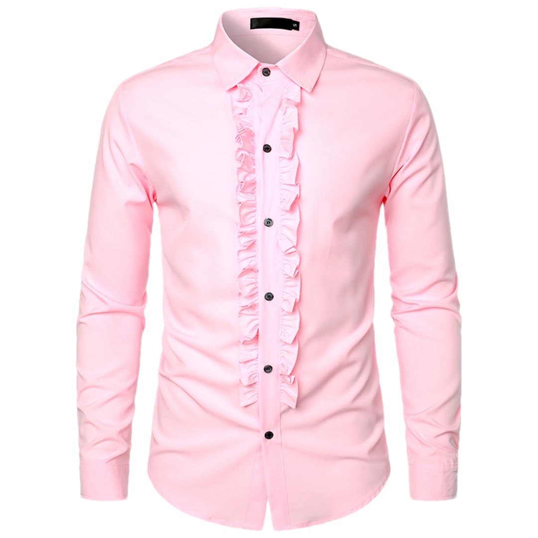 Hdhdeueh Camicia da smoking da uomo rosa con volant e volant, stile retrò, a maniche lunghe, con bottoni, per matrimoni, feste, cene