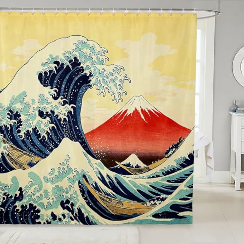 Feelyou Japanese Wave Shower Curtains Mount Fuji Bathroom Curtain for Kids Women Men Japan Bathroom Accessories Waterproof Polyester Fabric for Stalls Bathtubs 72"x72"