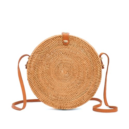 Image of Novum Crafts Round Rattan Bag for Women - Handmade Ata Wicker Woven Purse - Circle, Square, Oval Brown Straw Boho Bags