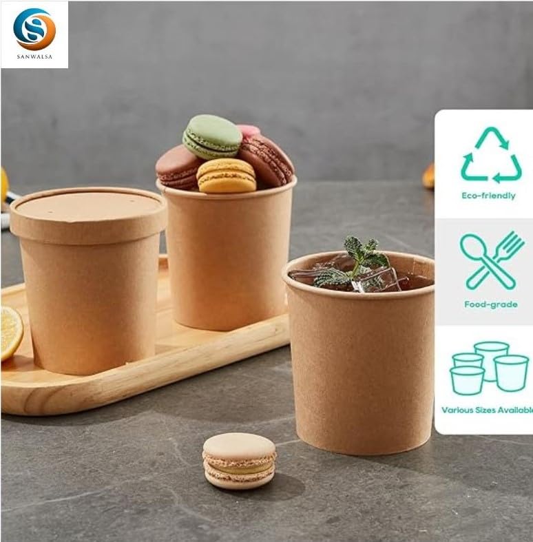 Image of [750 ml, 25 Count, Brown Disposable Kraft Paper Container with Lid | Eco-Friendly Bowl /Tub for Picnic, Travel, Food Truck | Ideal for Both Hot & Cold Food
