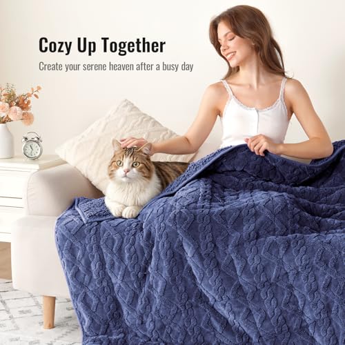 Image of Uttermara Weighted Blanket for Adults Queen Size 15lbs 60x80 inches, Dual Sided Soft Jacquard Sherpa Weighted Blankets, Thick Heavy Blanket for Sleeping and Calming, Navy Blue