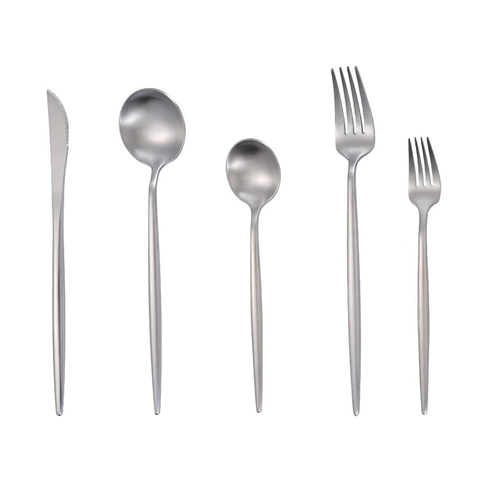 Juego de Cubiertos de Acero Inoxidable Plateado Mate, Cubiertos de Servicio de diseño Minimalista Moderno con Mangos Largos y Delgados, diseño Moderno Ideal Pulido a Espejo - Apto
