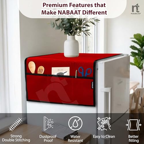 Image of NABAAT Premium Fridge Cover for Single Door Refrigerator Kitchen Decor Durable Dustproof Waterproof Modern Design with 6 Side Pockets for Kitchen Accessories - 130 x 54cm (Red)