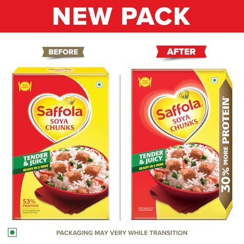 Image of Saffola Soya Chunks, Tender & Juicy, 53% Protein, 200gm (Pack of 2)